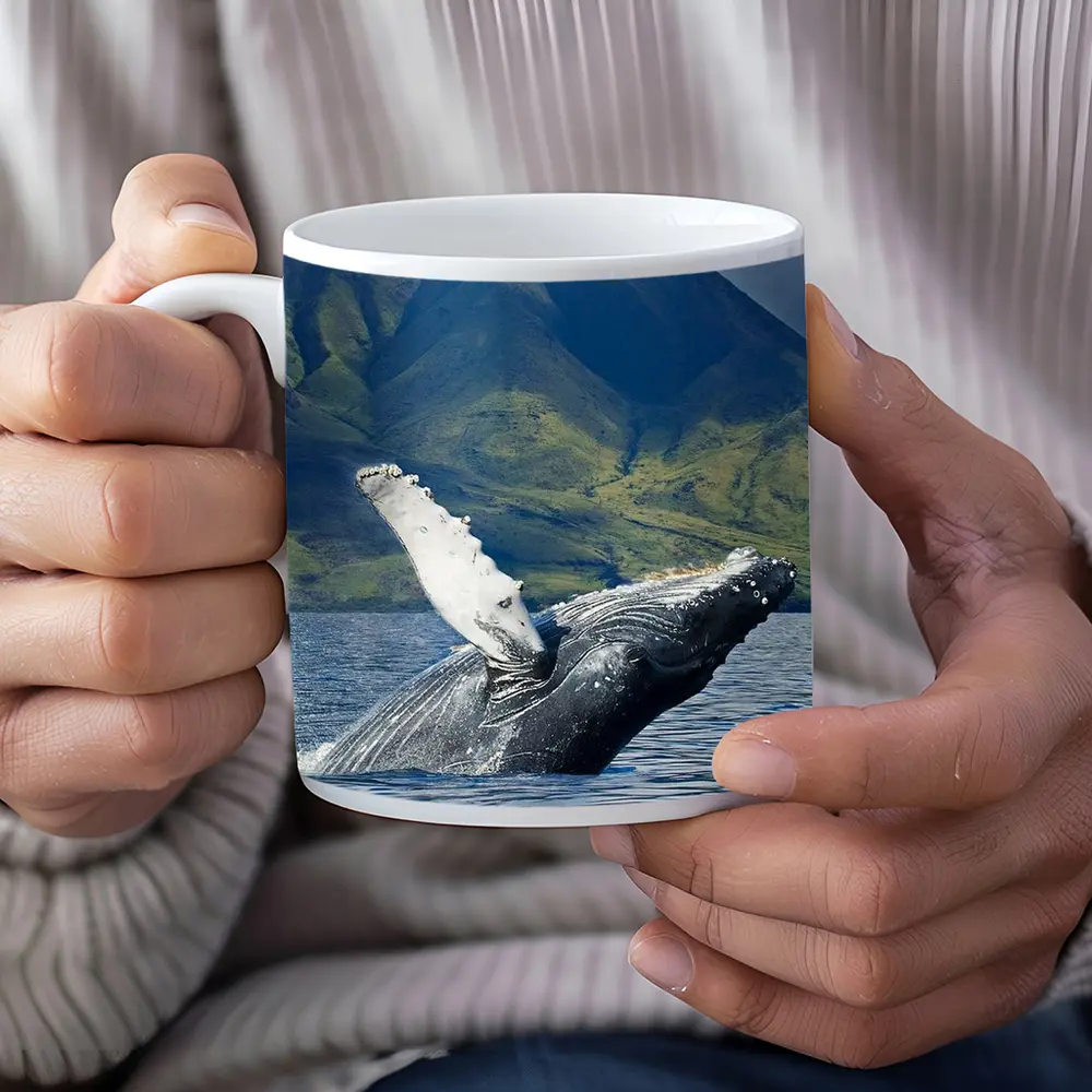 Humpback Whale Breaching Ocean Mountain Backdrop – Mugs