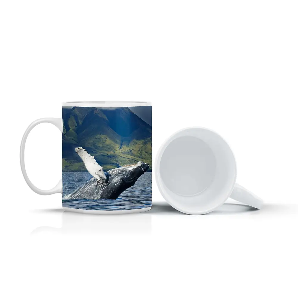 Humpback Whale Breaching Ocean Mountain Backdrop – Mugs