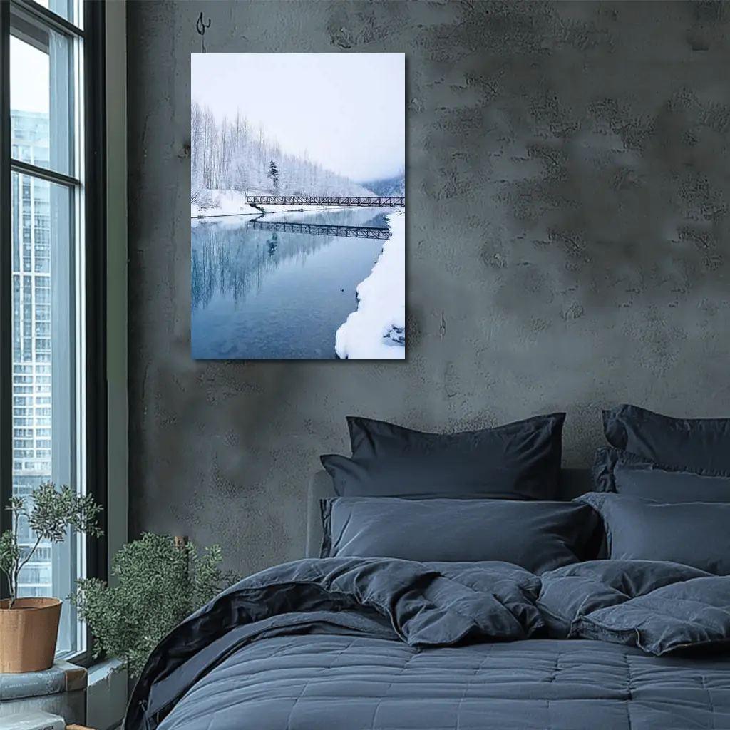Snowy River Bridge Winter Forest Reflection – Wall Art