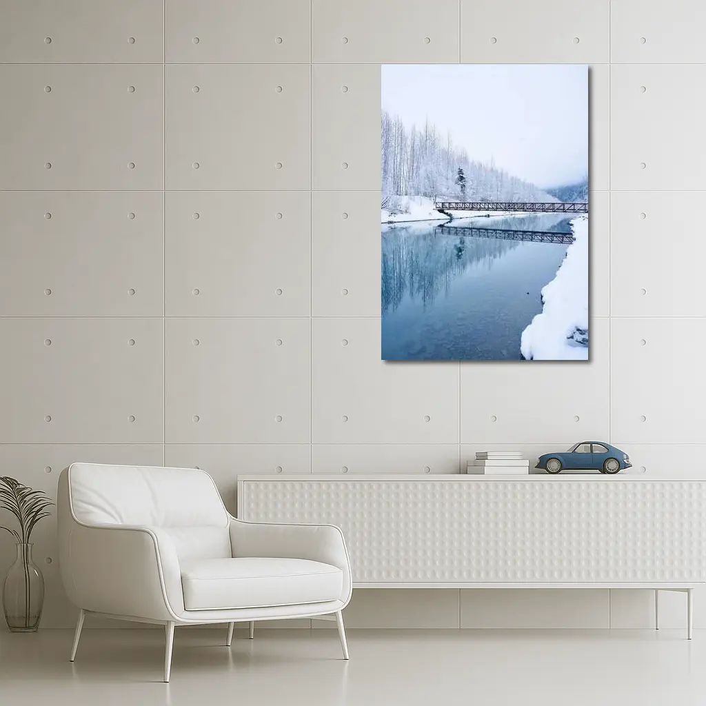 Snowy River Bridge Winter Forest Reflection – Wall Art