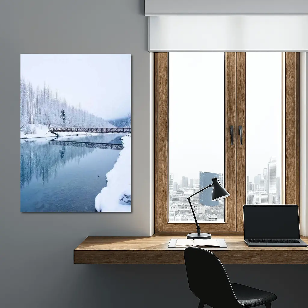 Snowy River Bridge Winter Forest Reflection – Wall Art
