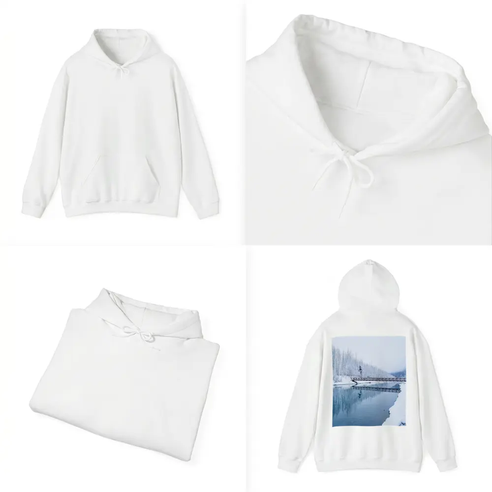 Snowy River Bridge Winter Forest Reflection – Hoodies