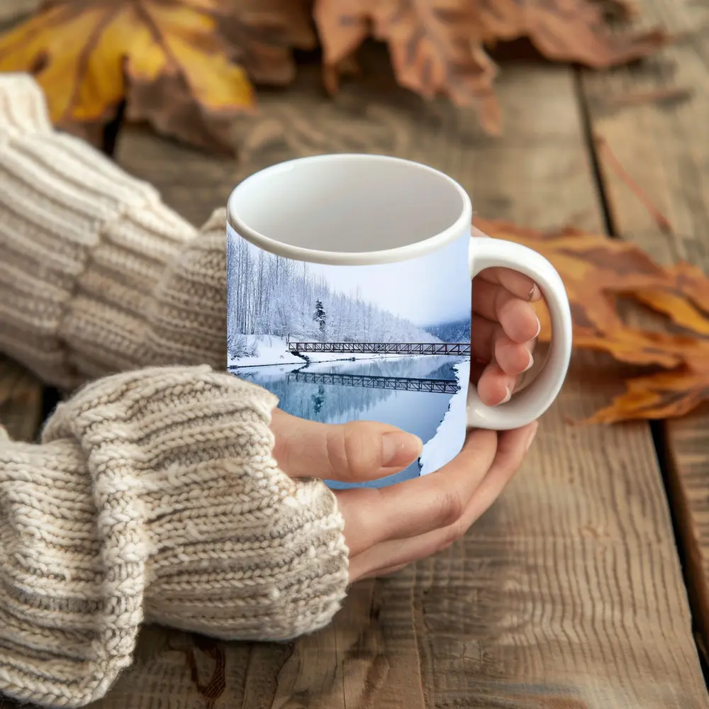 Snowy River Bridge Winter Forest Reflection – Mugs