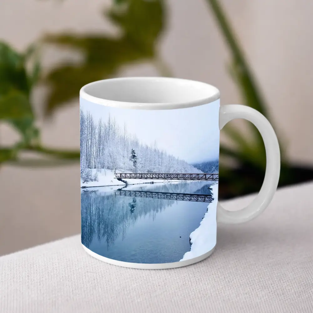 Snowy River Bridge Winter Forest Reflection – Mugs