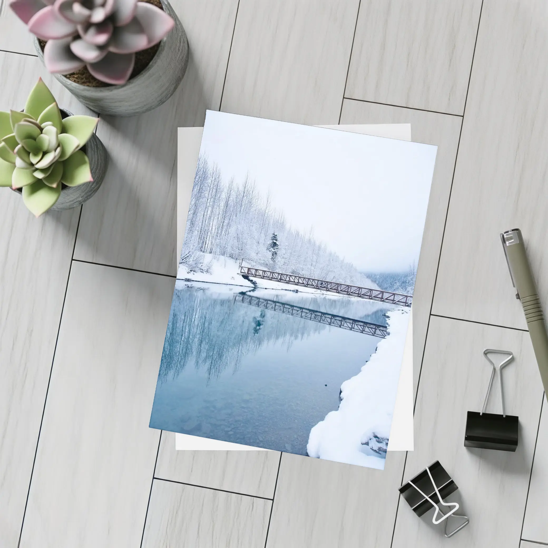 Snowy River Bridge Winter Forest Reflection – Postcards