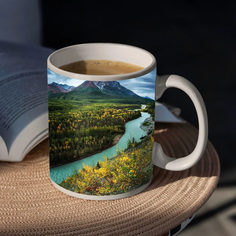 Turquoise River Valley Autumn Mountain Alaska – Mugs