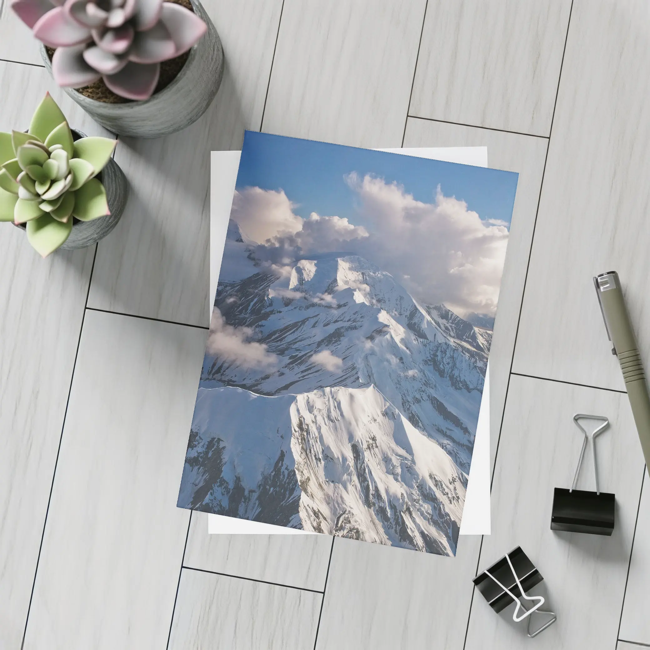 Snow Covered Mountain Peaks Blue Sky – Postcards
