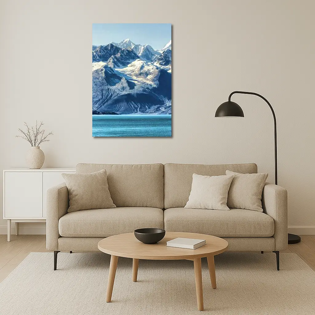 Snow Capped Mountains Over Turquoise Glacial Lake – Wall Art