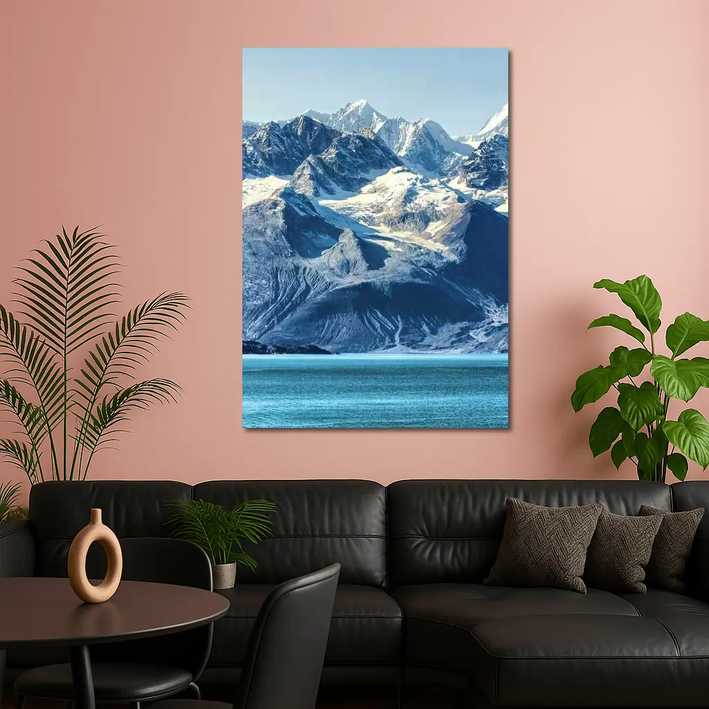 Snow Capped Mountains Over Turquoise Glacial Lake – Wall Art