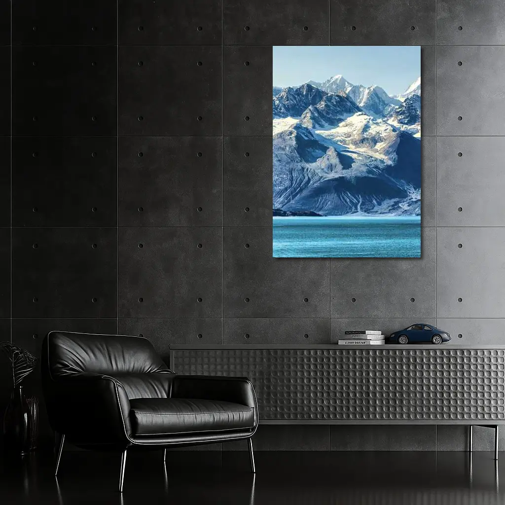 Snow Capped Mountains Over Turquoise Glacial Lake – Wall Art