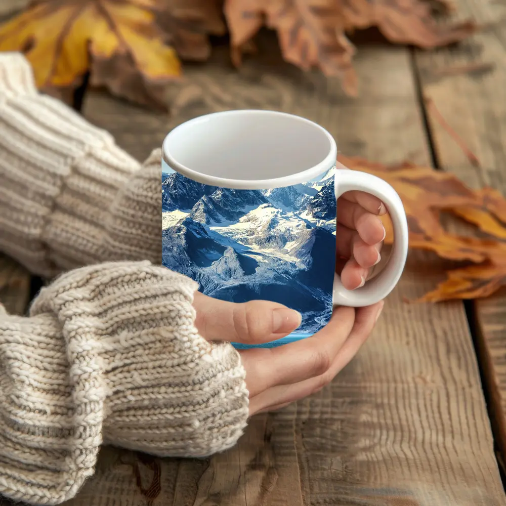 Snow Capped Mountains Over Turquoise Glacial Lake – Mugs