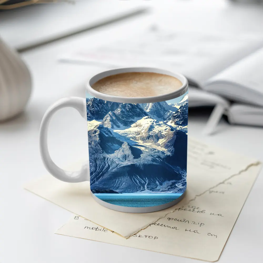 Snow Capped Mountains Over Turquoise Glacial Lake – Mugs