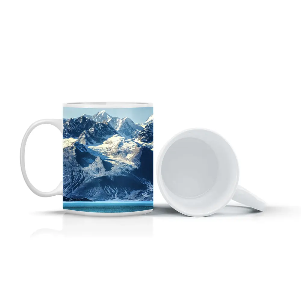 Snow Capped Mountains Over Turquoise Glacial Lake – Mugs