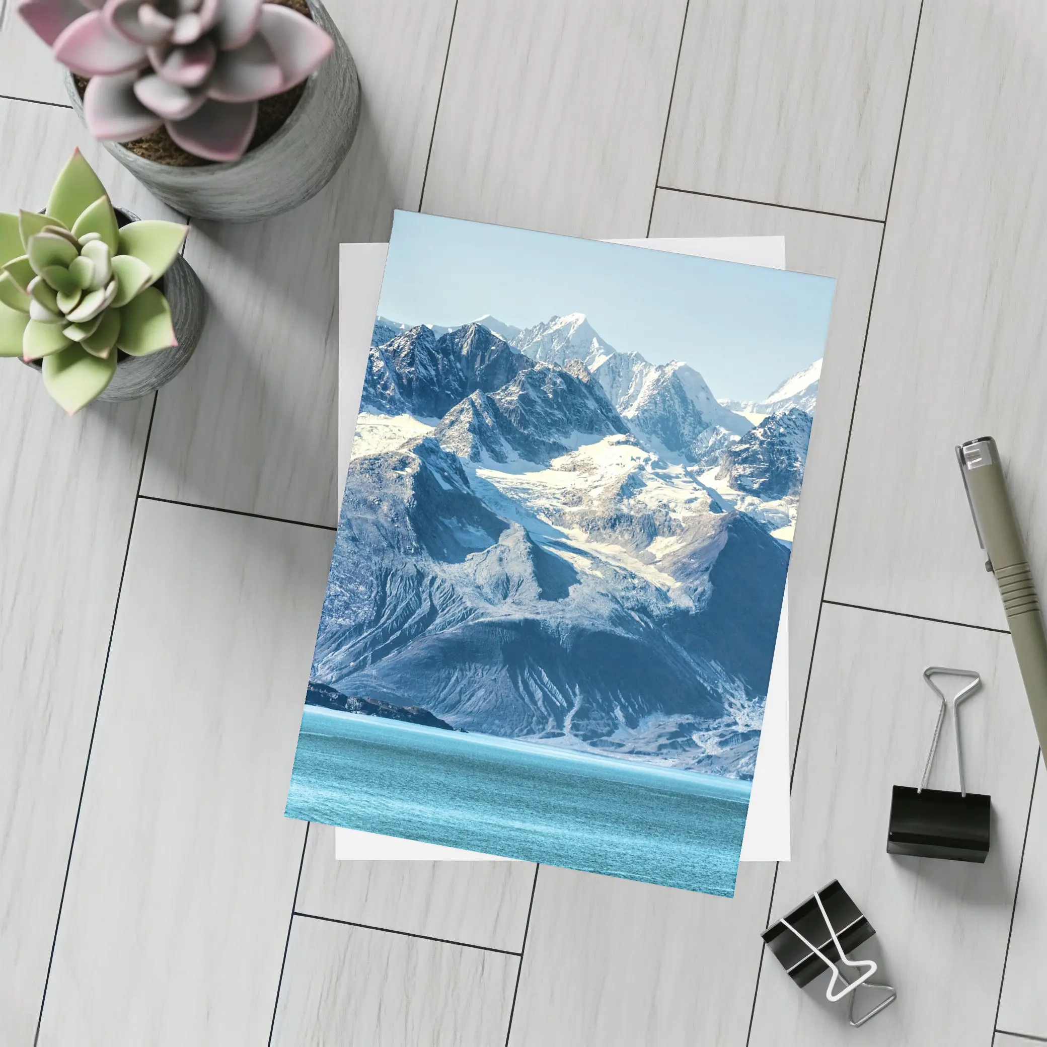 Snow Capped Mountains Over Turquoise Glacial Lake – Postcards