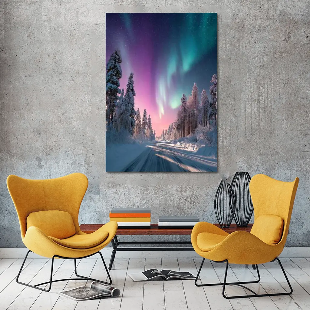Northern Lights Over Snowy Winter Forest Road – Wall Art