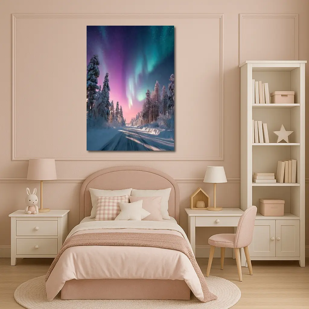 Northern Lights Over Snowy Winter Forest Road – Wall Art