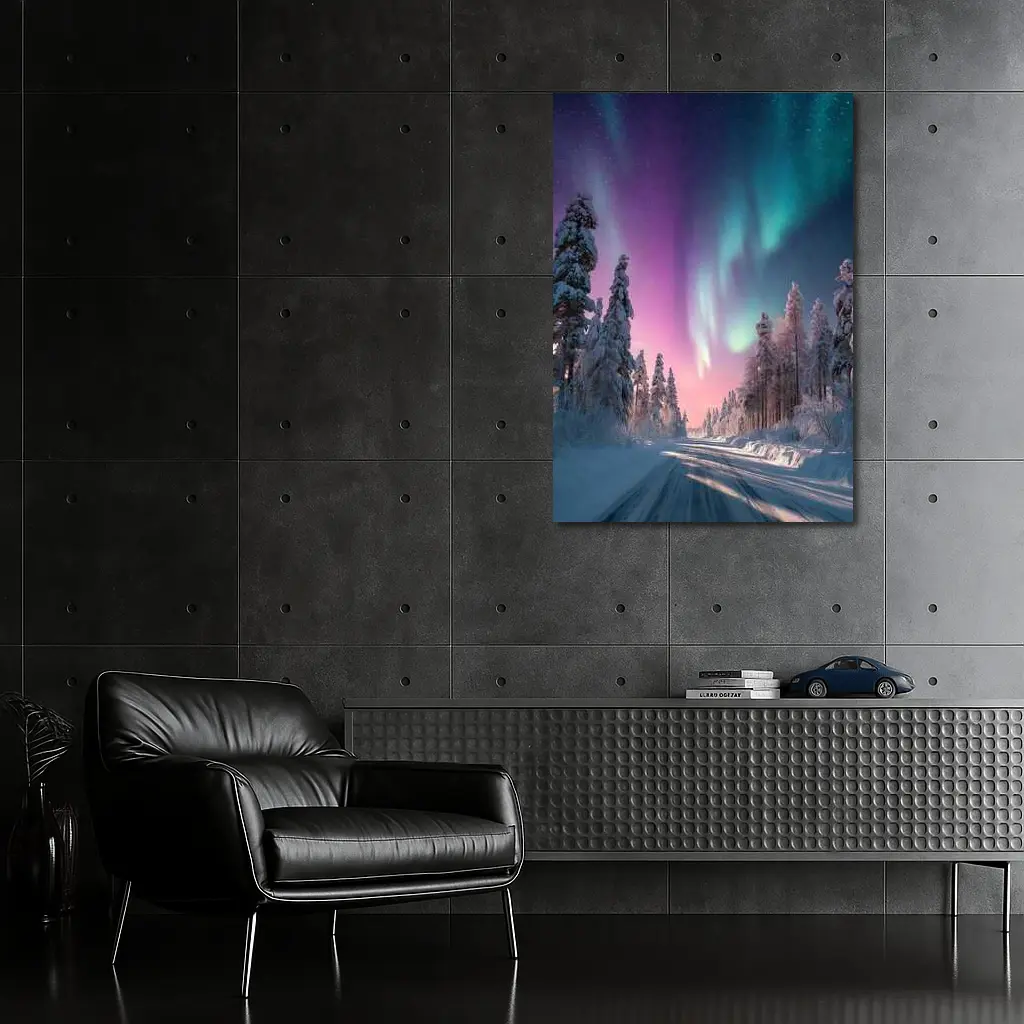 Northern Lights Over Snowy Winter Forest Road – Wall Art