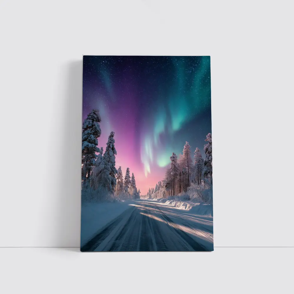 Northern Lights Over Snowy Winter Forest Road – Wall Art