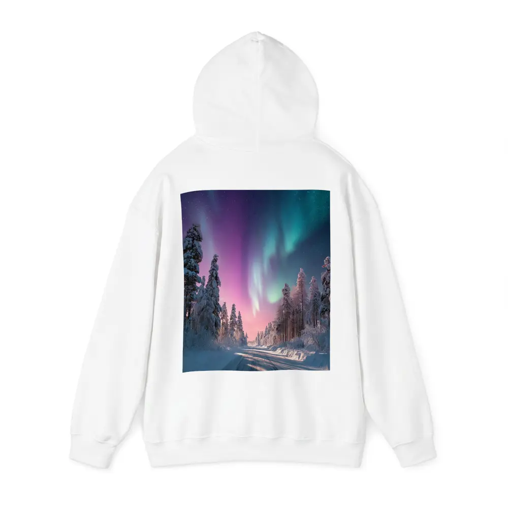 Northern Lights Over Snowy Winter Forest Road – Hoodies