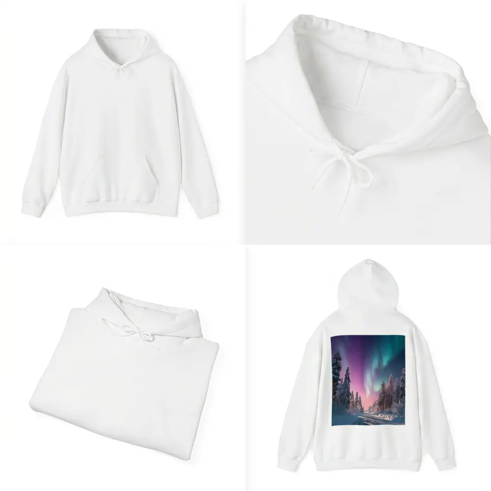 Northern Lights Over Snowy Winter Forest Road – Hoodies