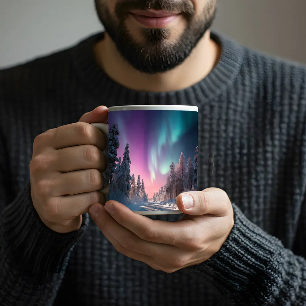 Northern Lights Over Snowy Winter Forest Road – Mugs