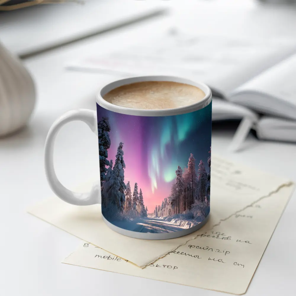 Northern Lights Over Snowy Winter Forest Road – Mugs