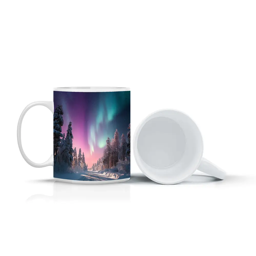 Northern Lights Over Snowy Winter Forest Road – Mugs