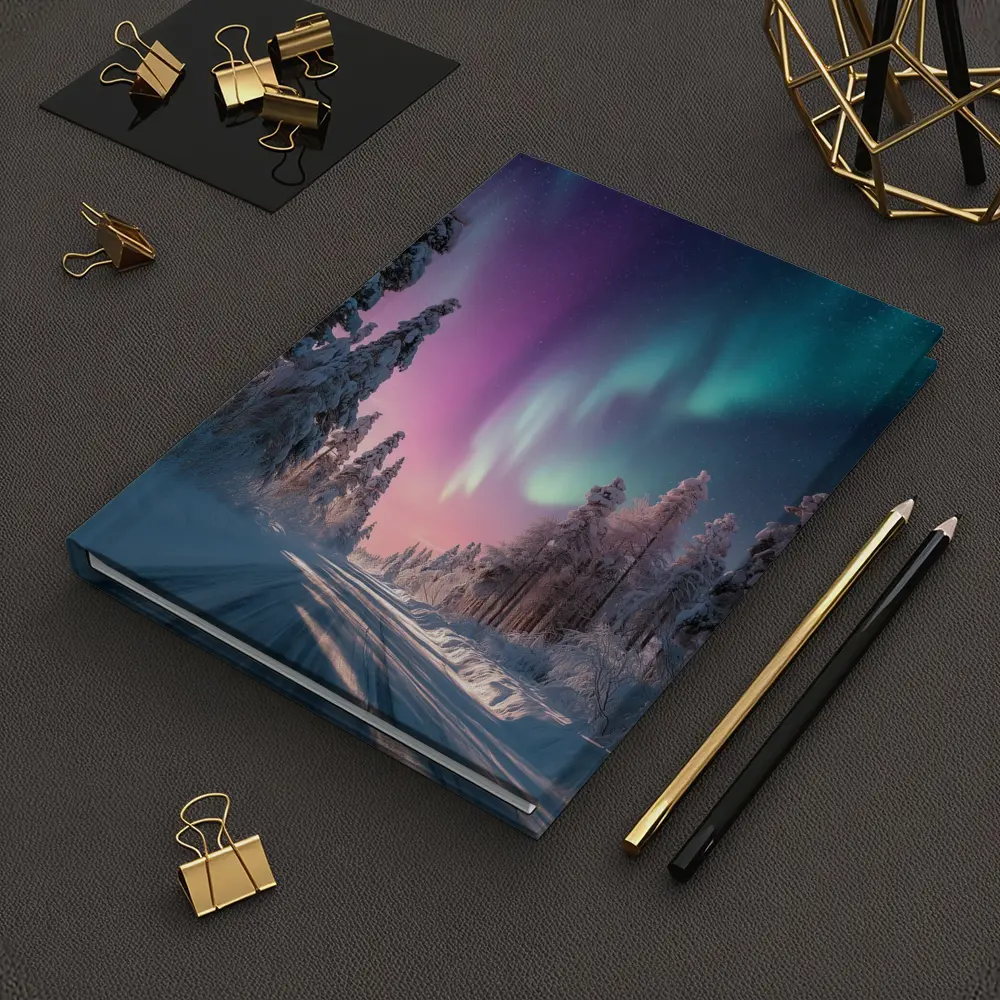 Northern Lights Over Snowy Winter Forest Road – Notebooks