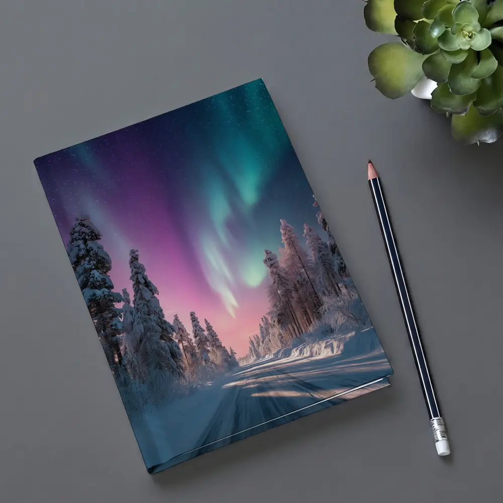 Northern Lights Over Snowy Winter Forest Road – Notebooks