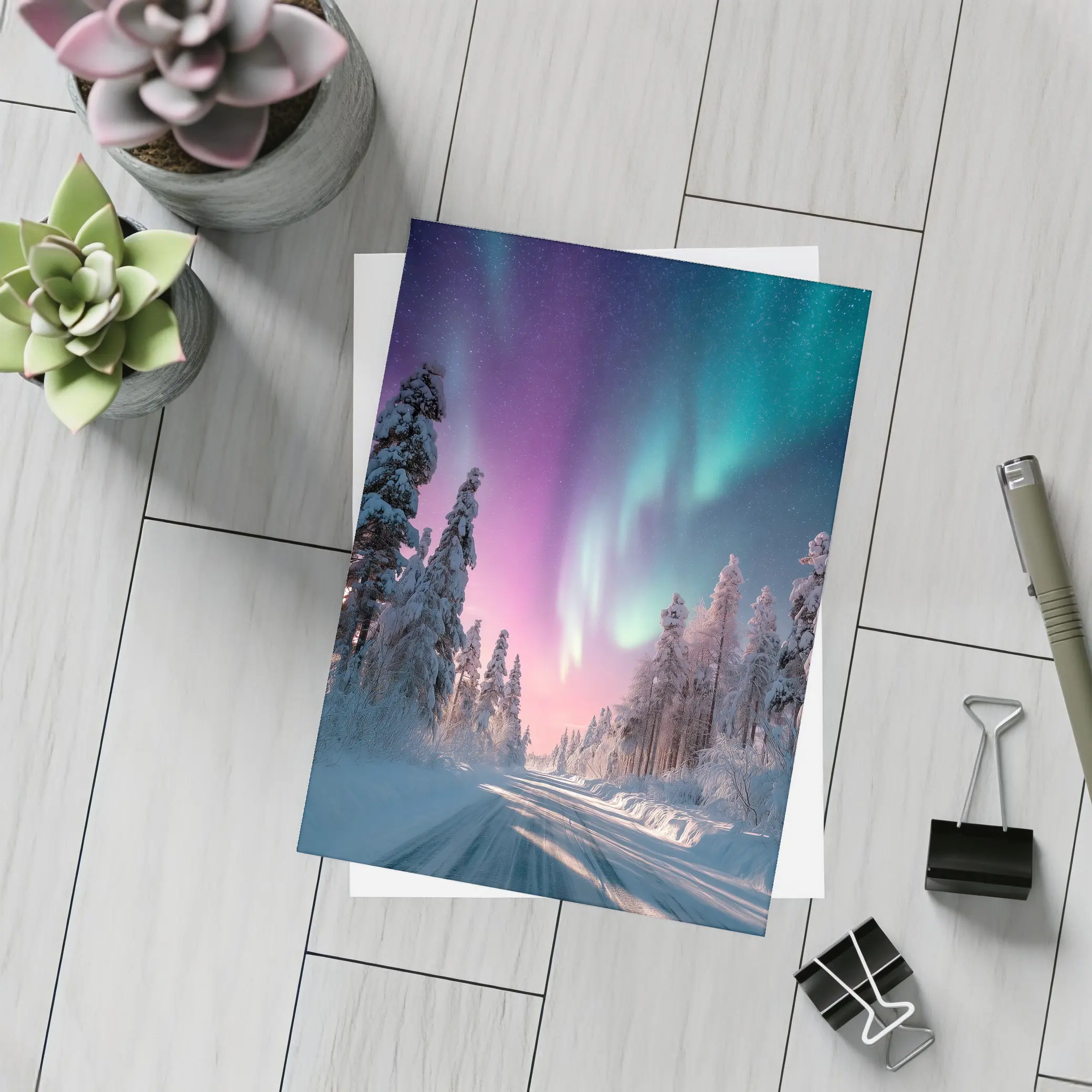 Northern Lights Over Snowy Winter Forest Road – Postcards