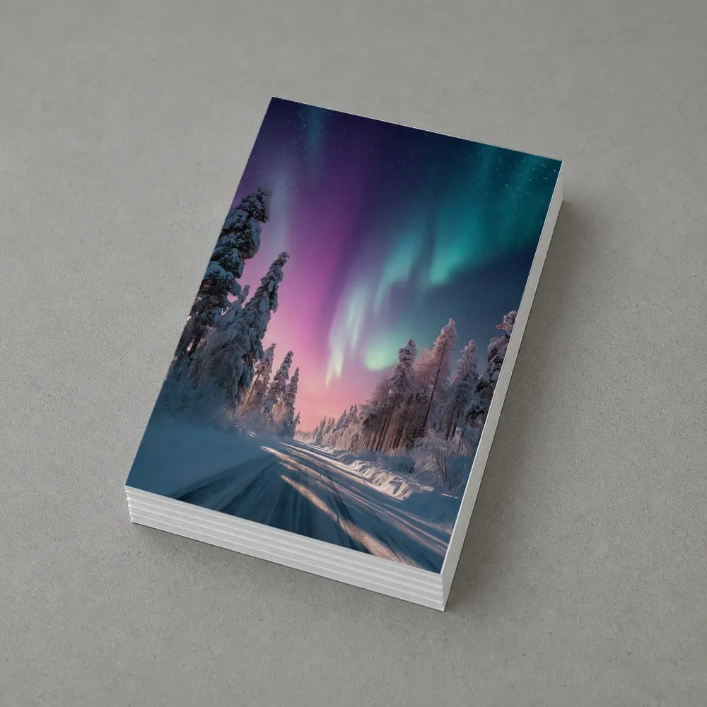 Northern Lights Over Snowy Winter Forest Road – Postcards