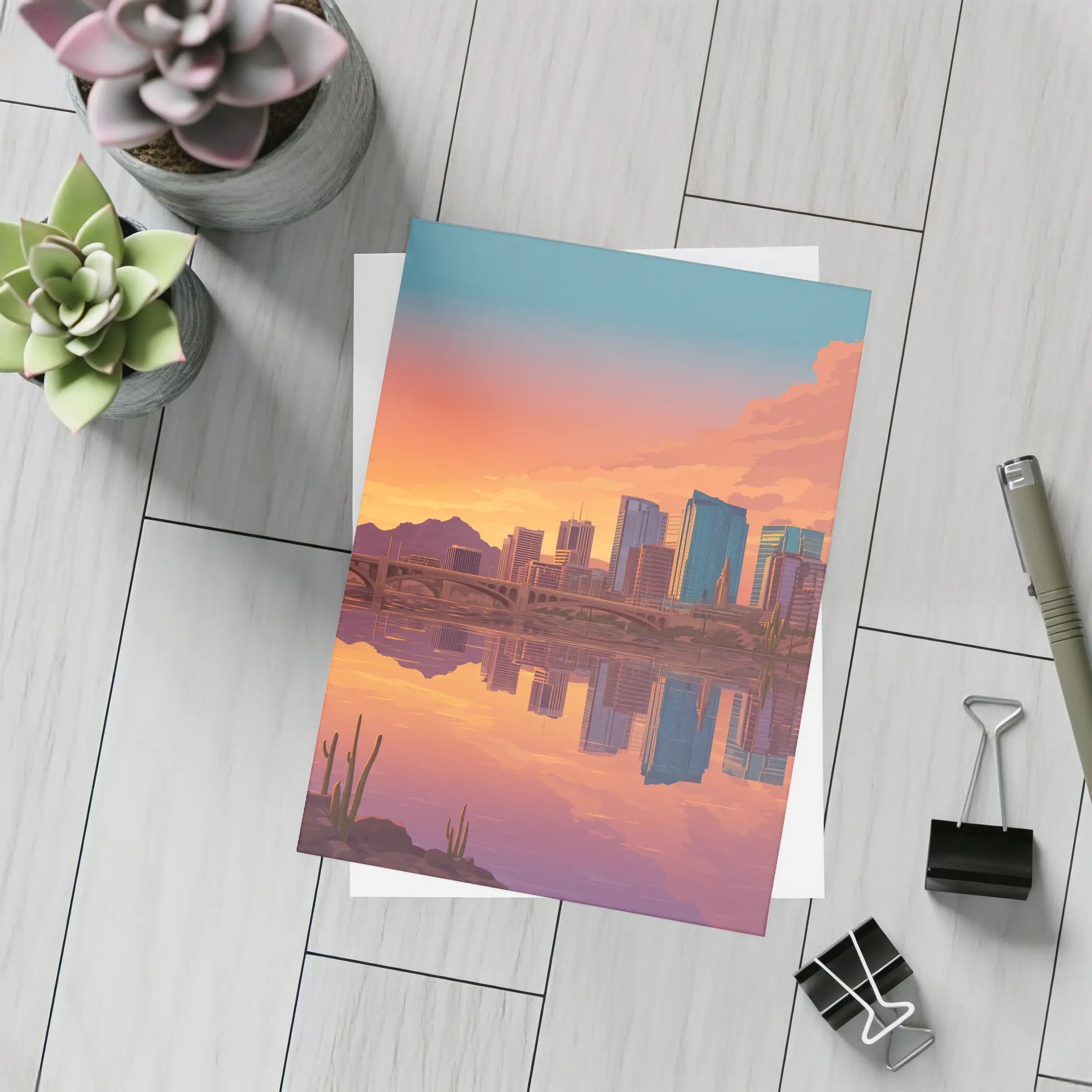 Phoenix Arizona Skyline Sunset River Reflection – Postcards