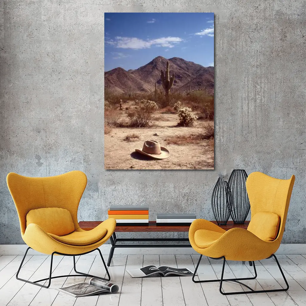 Cowboy Hat Saguaro Cactus Desert Mountain Landscape – Wall Art