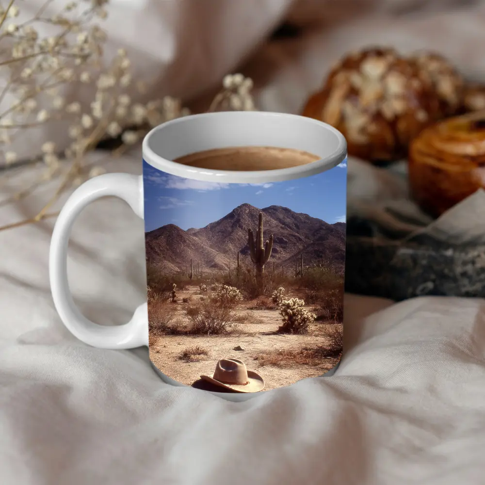 Cowboy Hat Saguaro Cactus Desert Mountain Landscape – Mugs