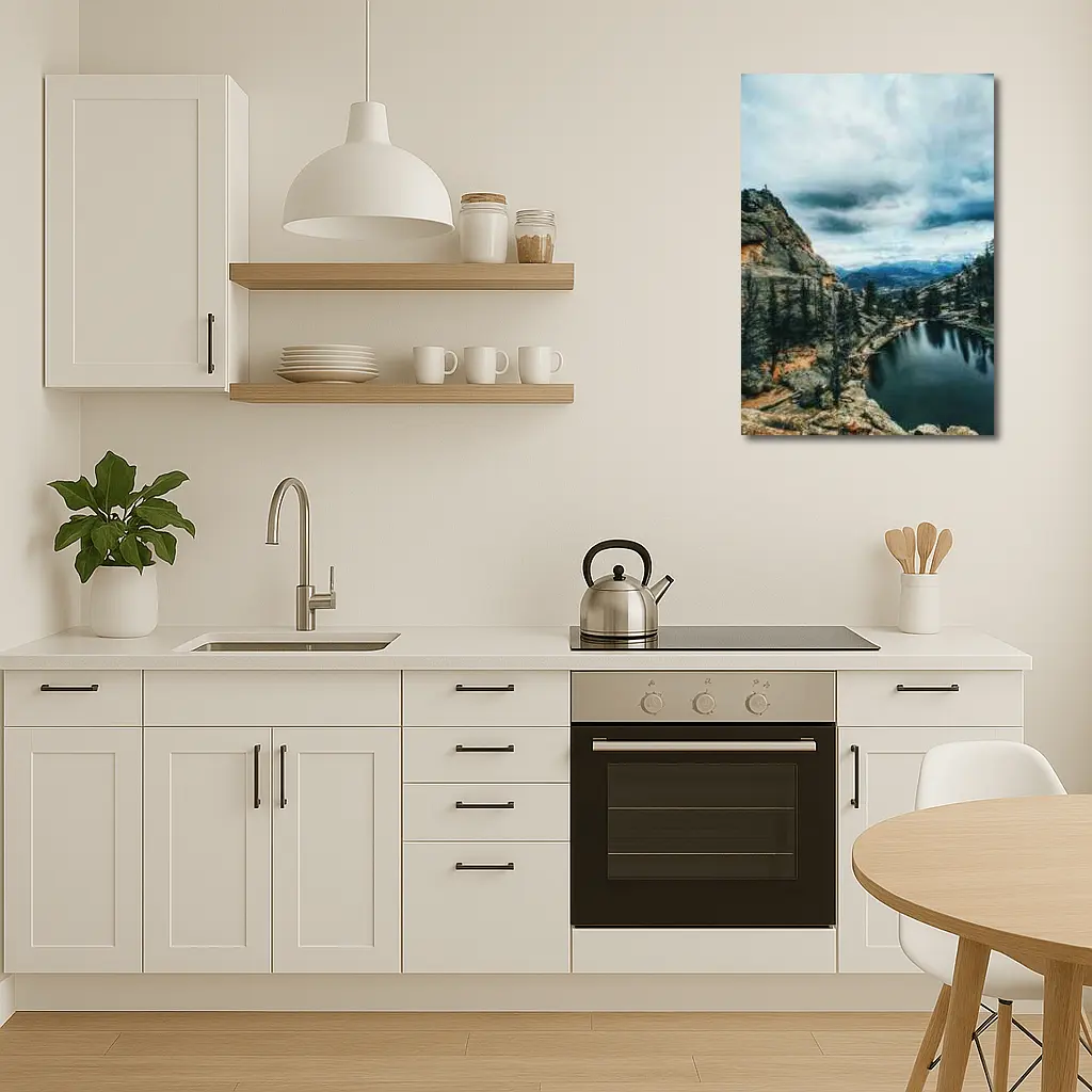 Mountain Lake Rocky Cliff Cloudy Sky – Wall Art