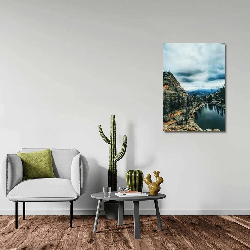 Mountain Lake Rocky Cliff Cloudy Sky – Wall Art