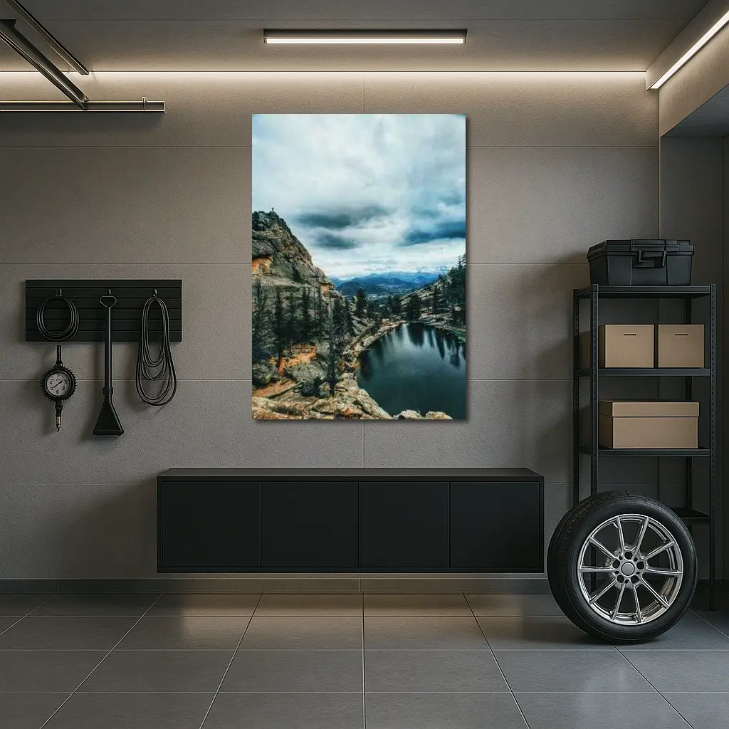 Mountain Lake Rocky Cliff Cloudy Sky – Wall Art