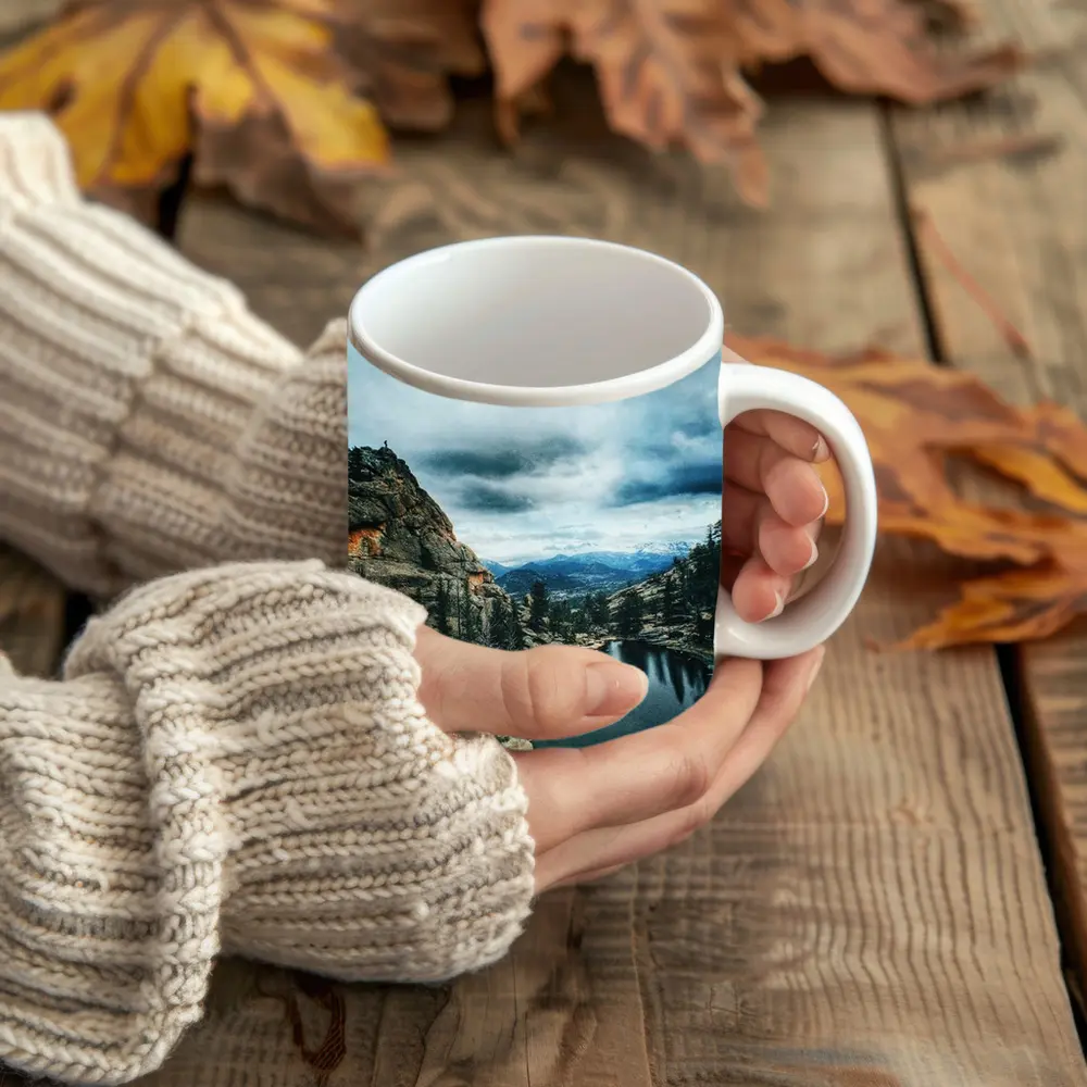 Mountain Lake Rocky Cliff Cloudy Sky – Mugs