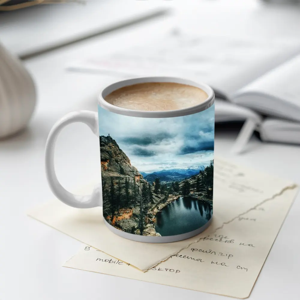Mountain Lake Rocky Cliff Cloudy Sky – Mugs