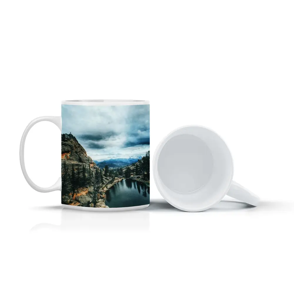 Mountain Lake Rocky Cliff Cloudy Sky – Mugs