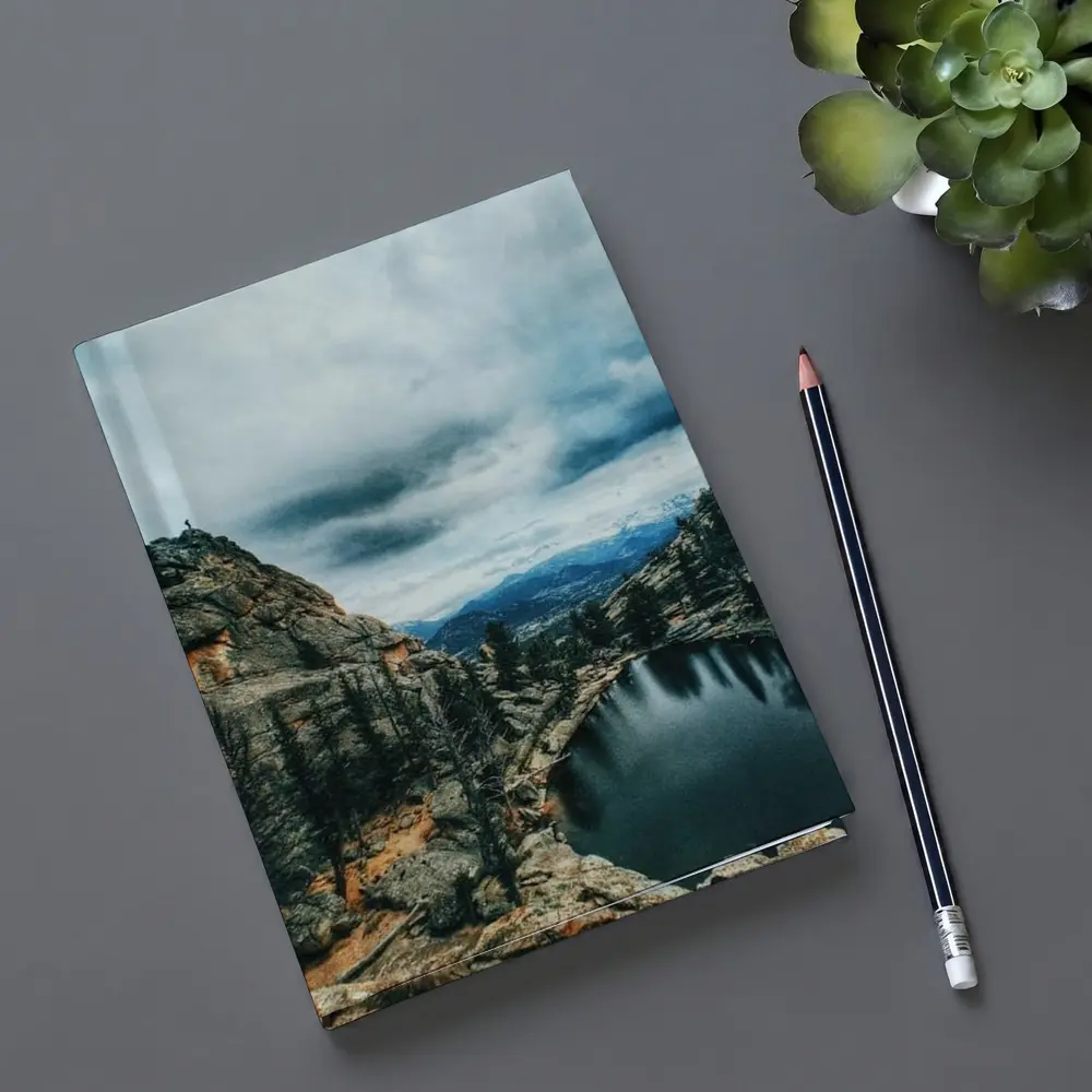 Mountain Lake Rocky Cliff Cloudy Sky – Notebooks