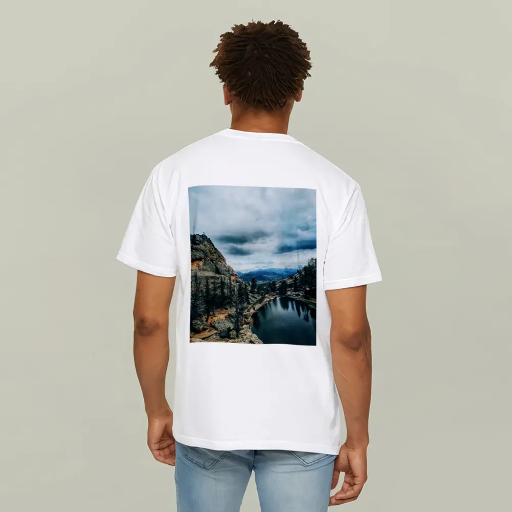 Mountain Lake Rocky Cliff Cloudy Sky – T-Shirts