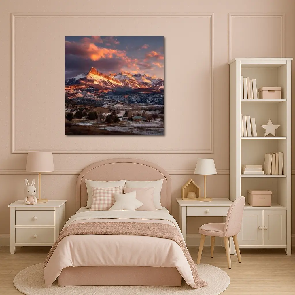 Rocky Mountain Sunset Winter Farm Landscape – Wall Art