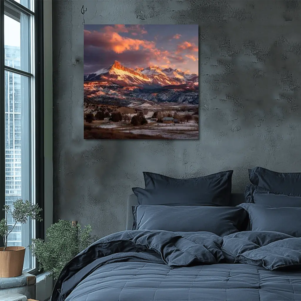 Rocky Mountain Sunset Winter Farm Landscape – Wall Art