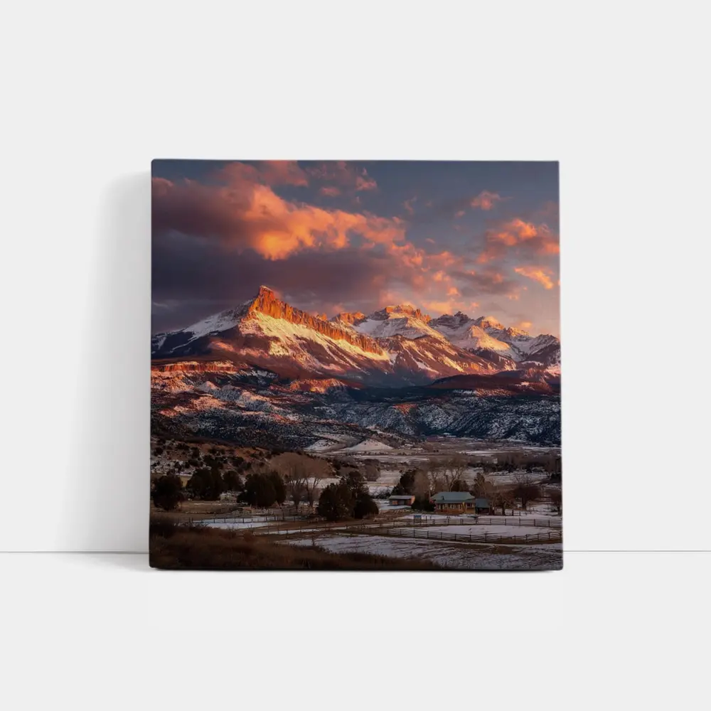Rocky Mountain Sunset Winter Farm Landscape – Wall Art