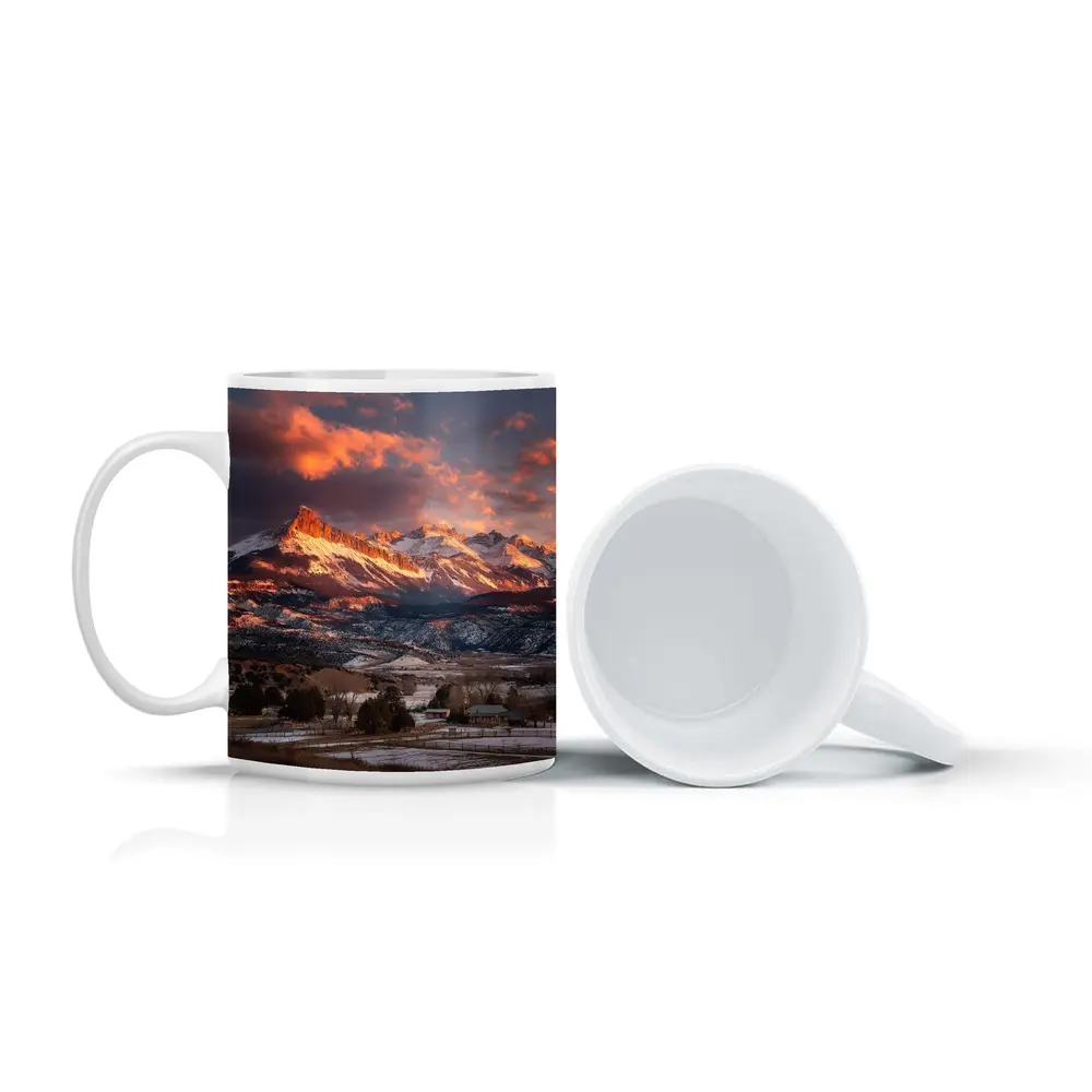 Rocky Mountain Sunset Winter Farm Landscape – Mugs
