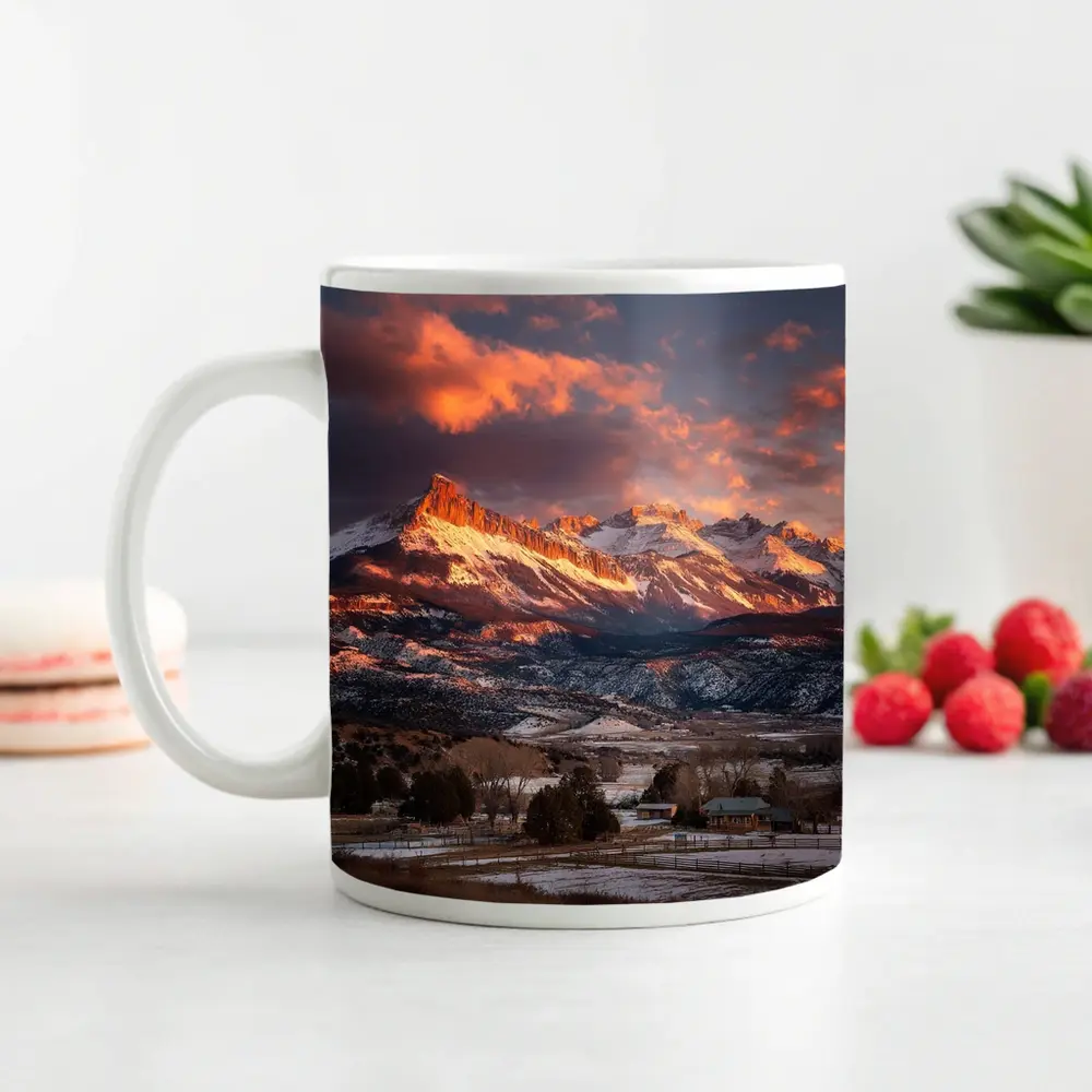 Rocky Mountain Sunset Winter Farm Landscape – Mugs