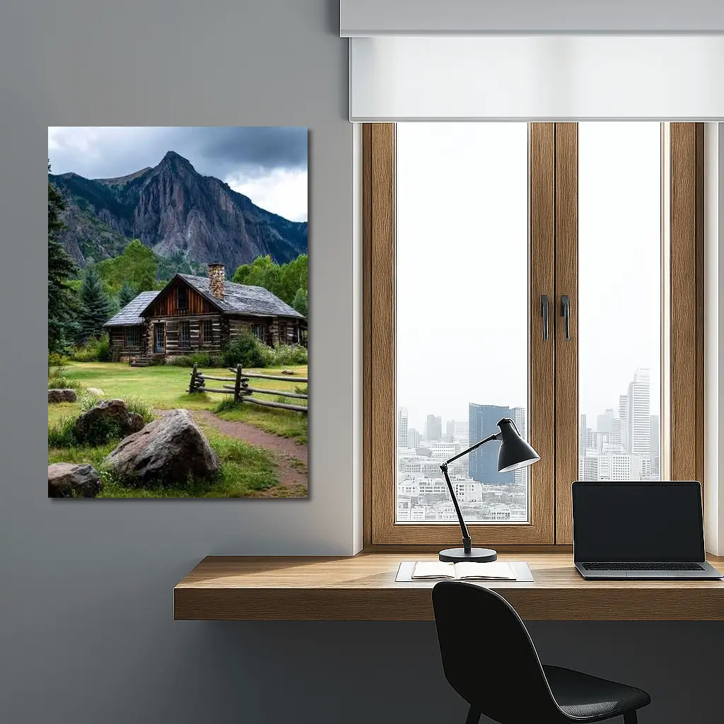 Rustic Log Cabin Rocky Mountain Landscape – Wall Art