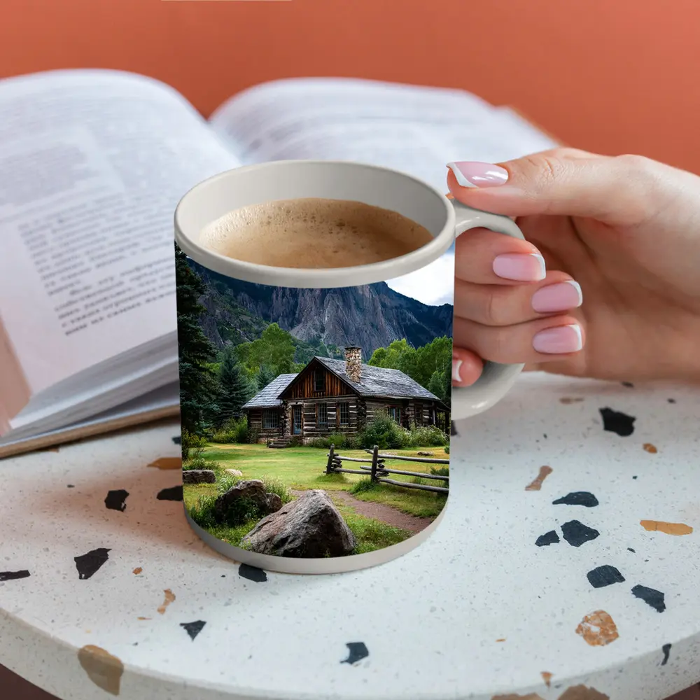 Rustic Log Cabin Rocky Mountain Landscape – Mugs