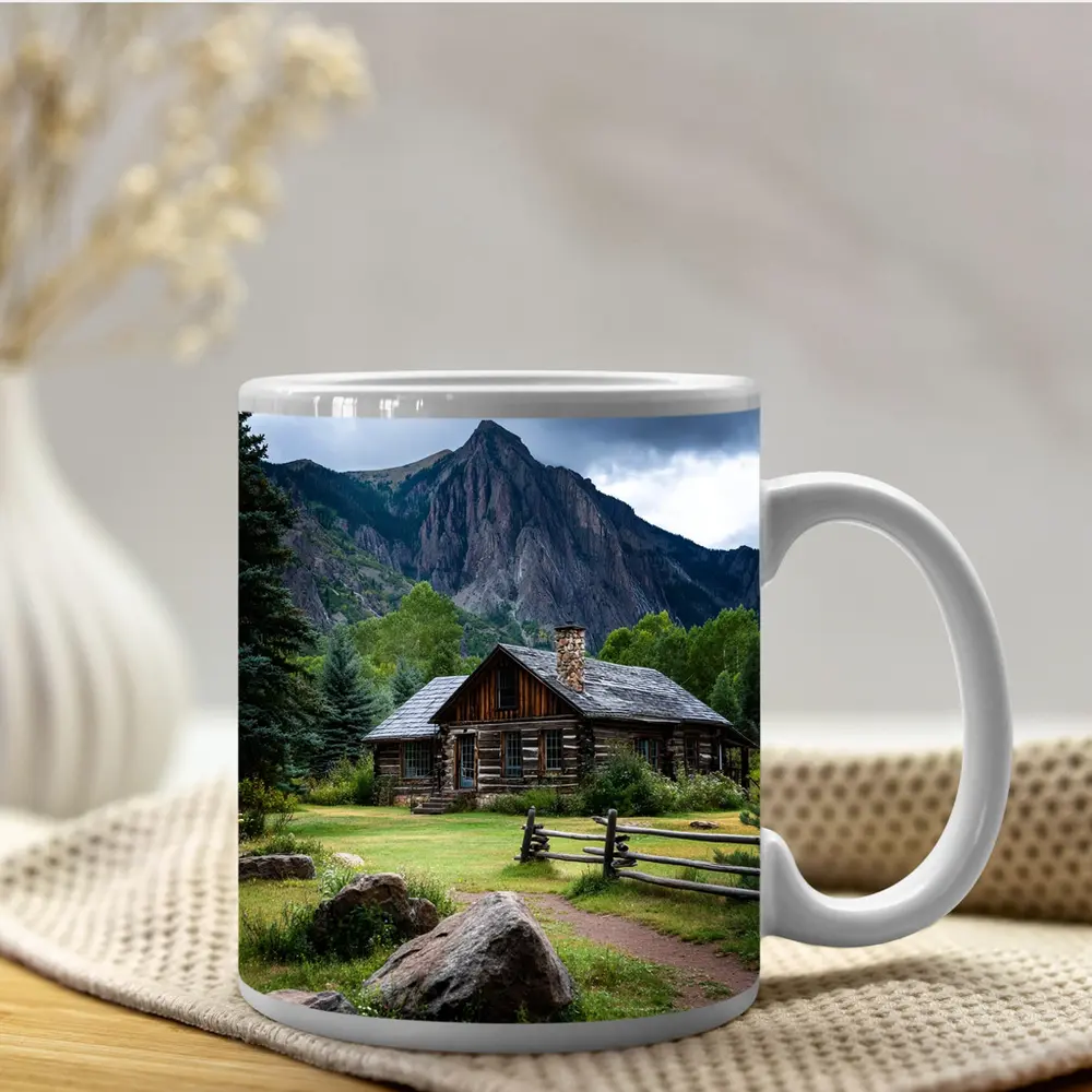 Rustic Log Cabin Rocky Mountain Landscape – Mugs
